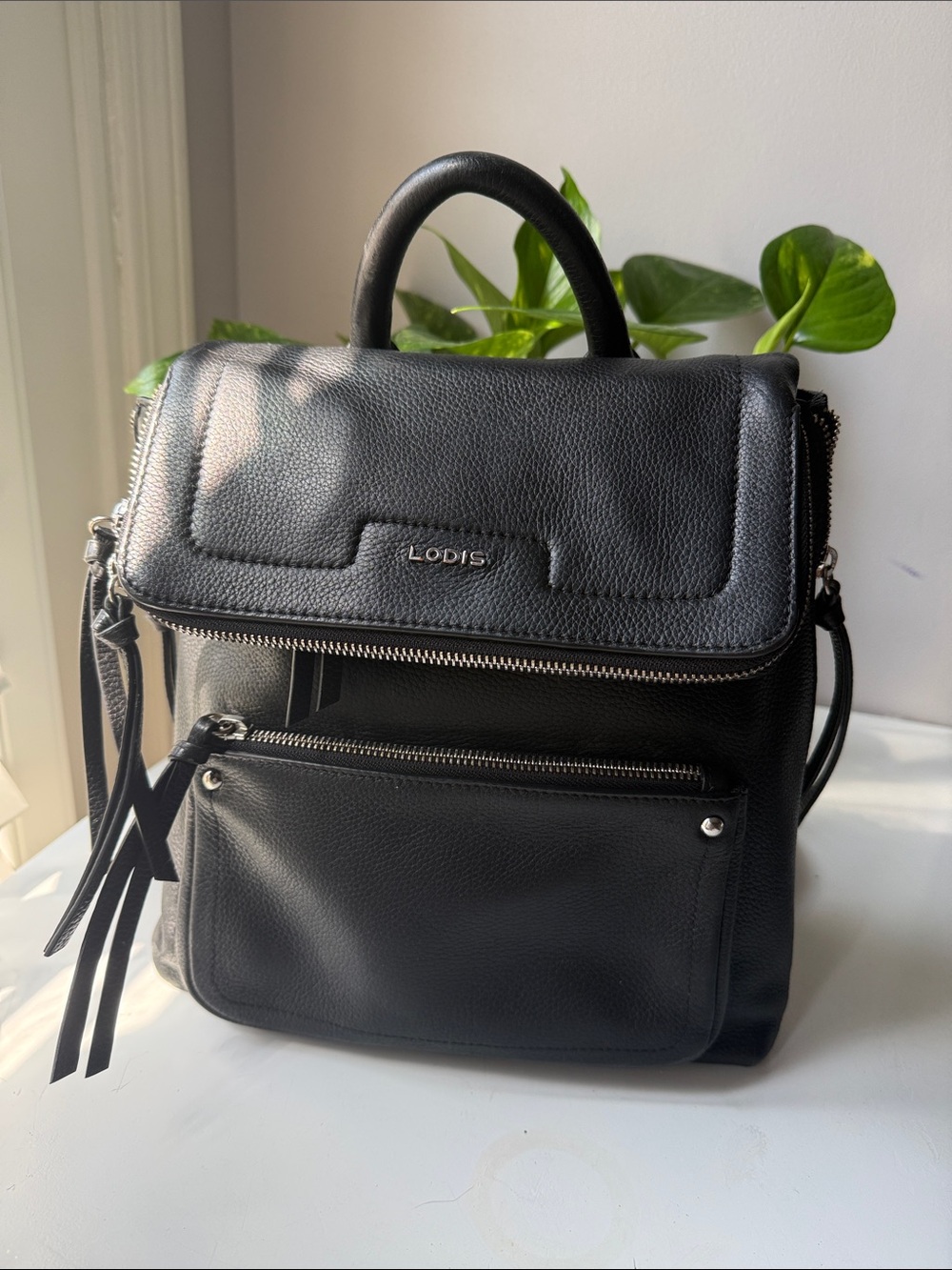 Lodis Black Leather Convertible Top-Handle Backpack